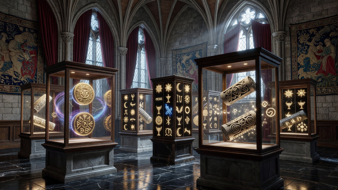 Camelot artifact exhibition showing magical slot elements and ancient symbols in a royal room