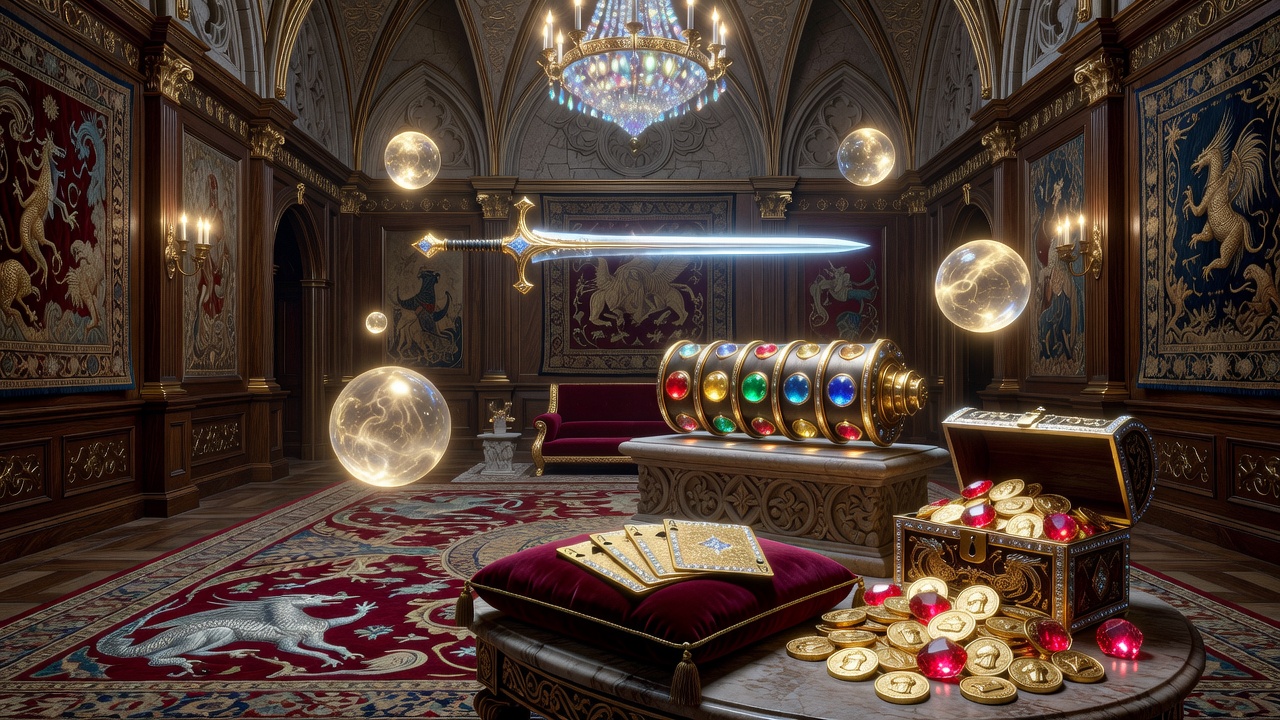 Camelot Slot elements displayed inside a luxury fantasy room with glowing artifacts