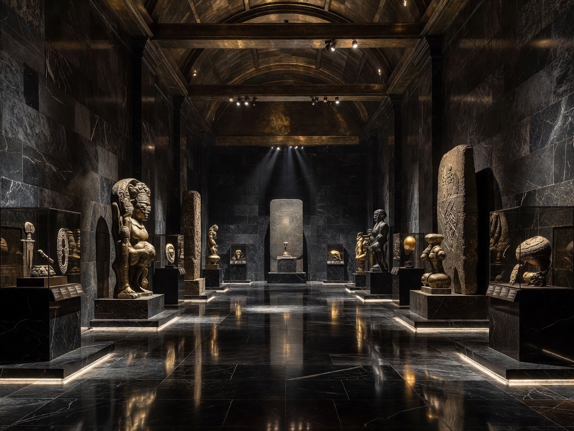 Dark luxury exhibition museum hall in bronze and stone